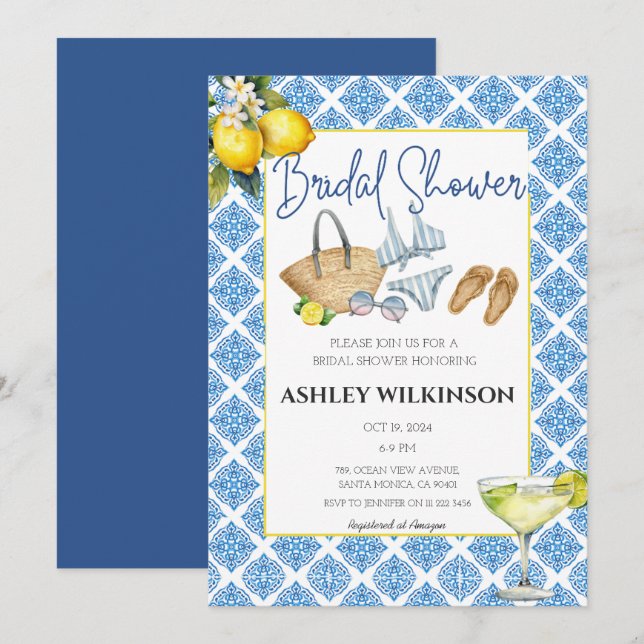 Pool Party Summer Beach Blue Tiles Bridal Shower Invitation (Front/Back)