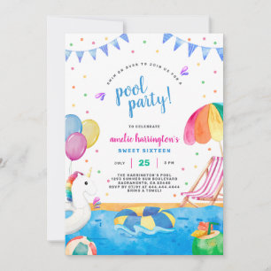 Pool Party Summer Beach Kids Birthday Invitation