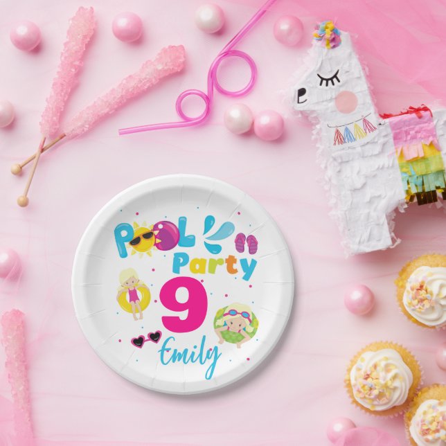 Pool Party Summer Birthday Girl Swim Matching Paper Plate (Party)