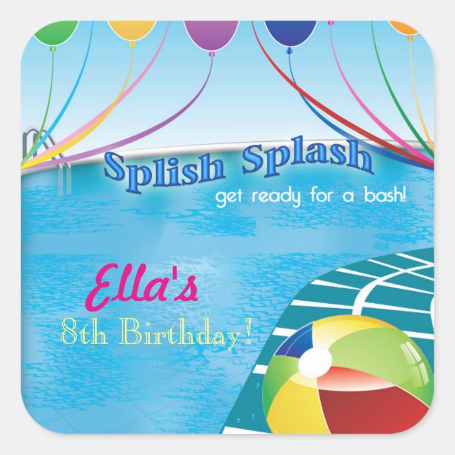 Pool Party Summer Birthday Invitation Square Sticker (Front)