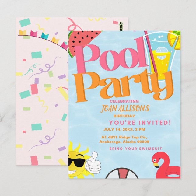   Pool Party Summer Birthday Invitation Watermelon Postcard (Front/Back)