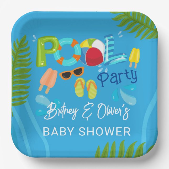 Pool Party Summer Boy Baby Shower Paper Plate (Front)