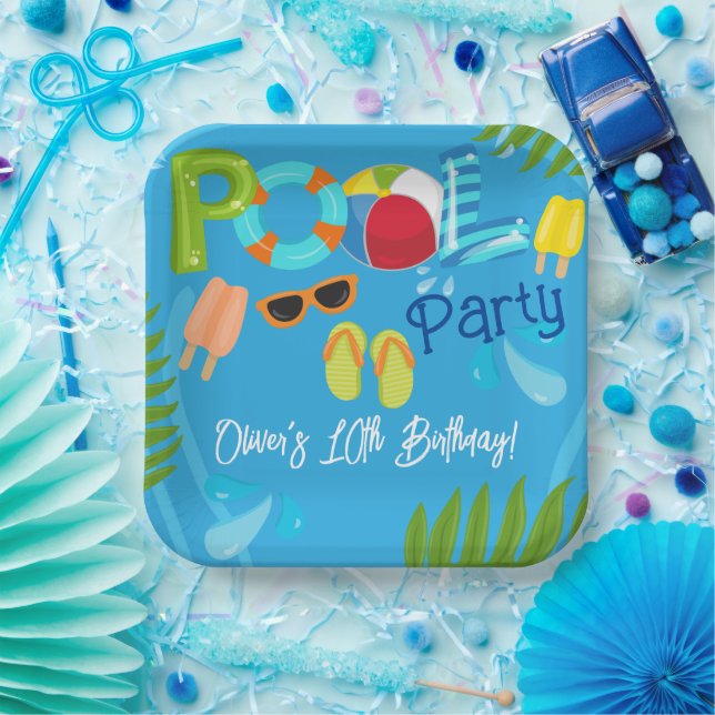 Pool Party Summer Boy Birthday Party Paper Plate (Party)