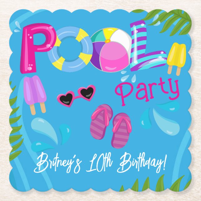 Pool Party Summer Girl Birthday Party Paper Coaster (Front)