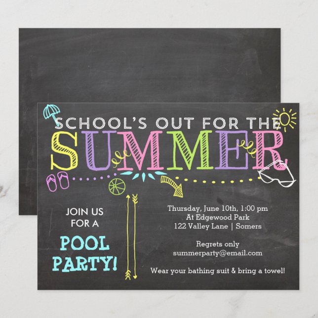 Pool Party Summer Invitation-School's Out Neon Invitation (Front/Back)