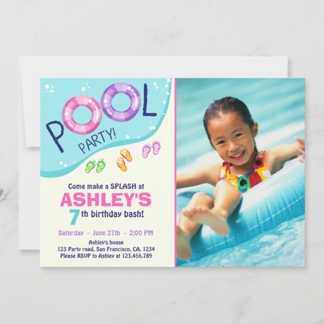 Pool Party Summer Pink Girl Birthday Invitation (Front)