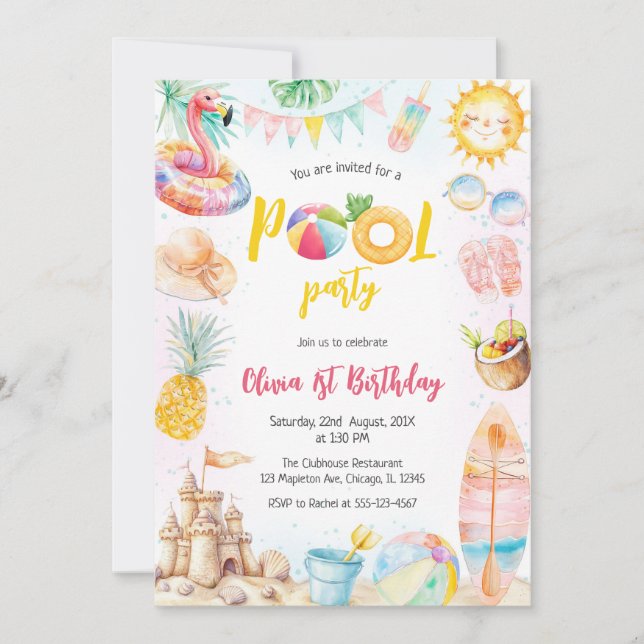 Pool Party Summer Theme Birthday Party Invitation (Front)