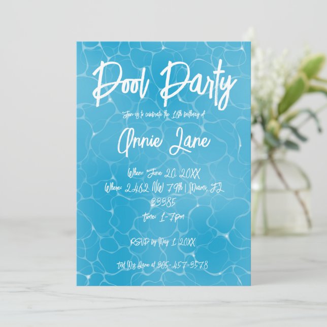 Pool Party Sweet 16 Water Blue Minimalist Bday Invitation (Standing Front)
