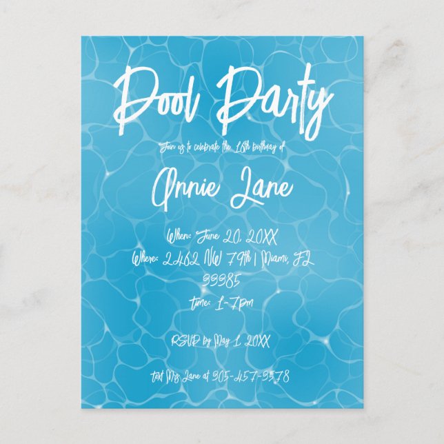 Pool Party Sweet 16 Water Blue Minimalist Bday Invitation Postcard (Front)