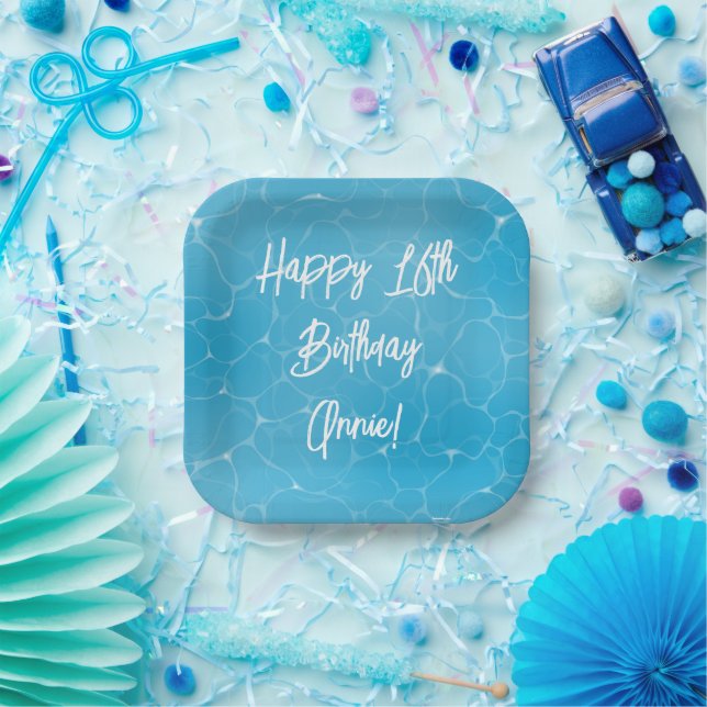Pool Party Sweet 16 Water Blue Minimalist Bday Paper Plate (Party)