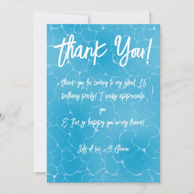 Pool Party Sweet 16 Water Blue Minimalist Bday Thank You Card (Front)