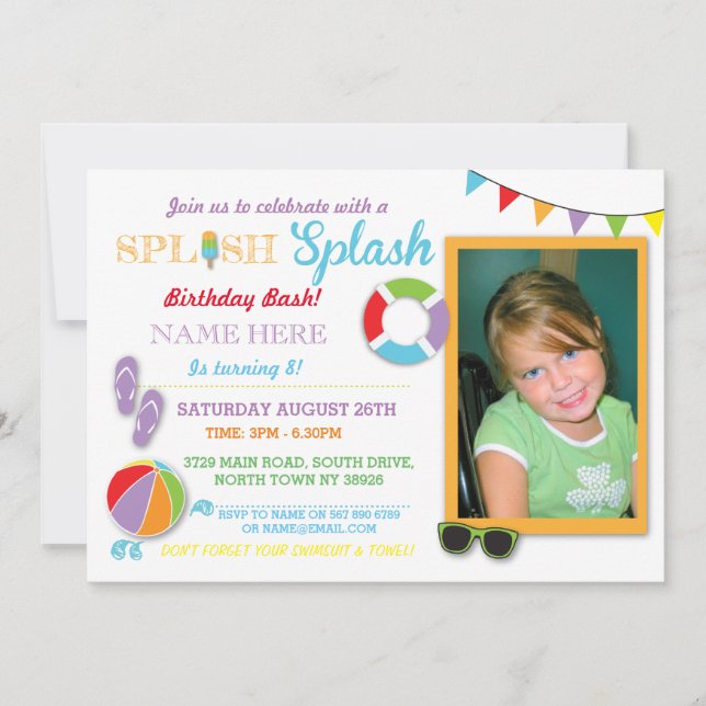 Pool Party Swimming Birthday Splash Photo Invite (Front)