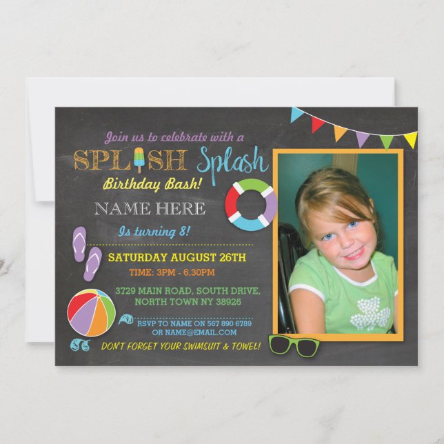 Pool Party Swimming Birthday Splash Photo Invite (Front)