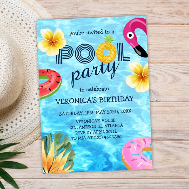 Pool Party Trendy Modern Summer Birthday  Invitation (Pool Party Trendy Modern Summer Birthday Invitation)