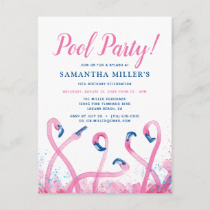 Pool Party   Tropical Blue Pink Flamingo Birthday Postcard
