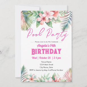 Pool Party Tropical Girly Teen Birthday Invitation