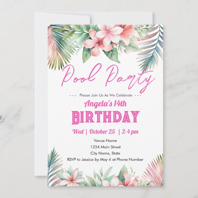 Pool Party Tropical Girly Teen Birthday Invitation (Front)