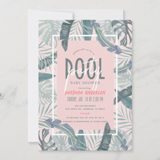 Pool Party Tropical Leaves Pink Girl Baby Shower Invitation (Front)
