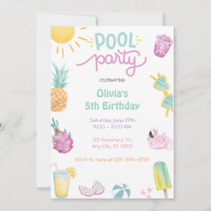 Pool Party Tropical Summer Pool Birthday Party  Invitation