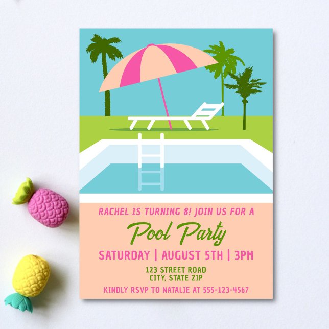 Pool Party Tropical Swimming Pool Girls Birthday Invitation (Pool party birthday invitation on a light background with pineapple accessories. )