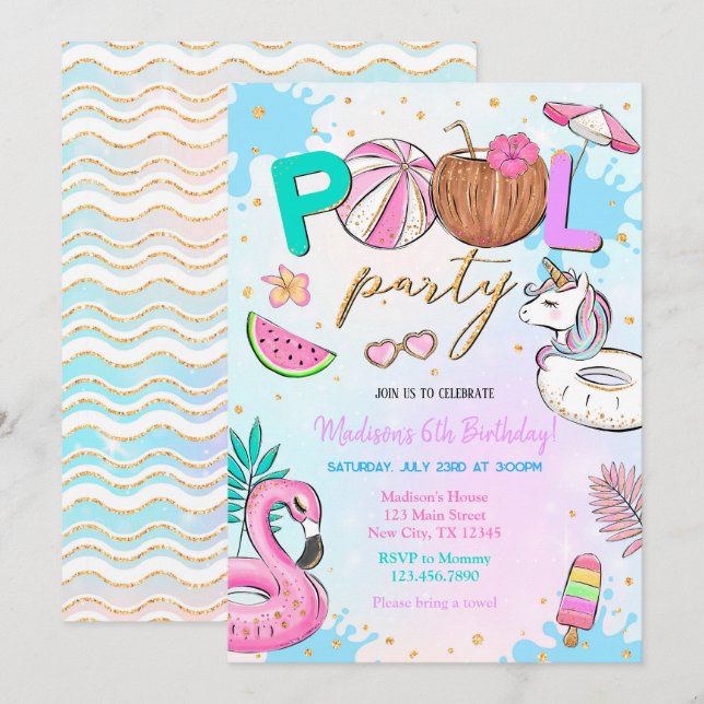 Pool Party Unicorn Invitation (Front/Back)