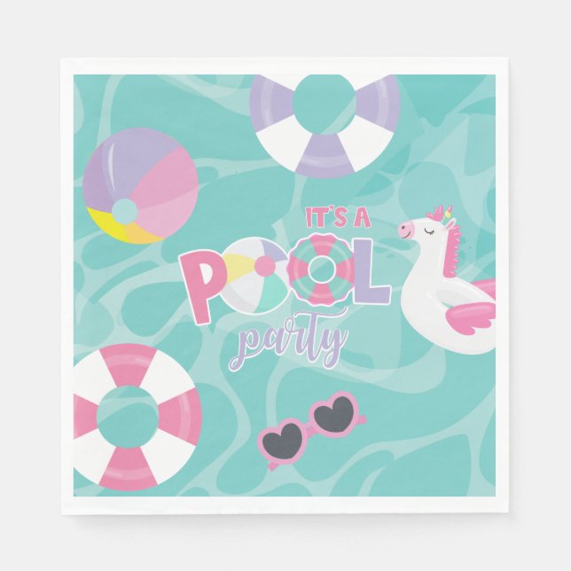 Pool party Unicorn Pink and Purple Birthday Paper  Napkin (Front)