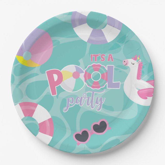 Pool party Unicorn Pink and Purple Birthday Paper Plate (Front)