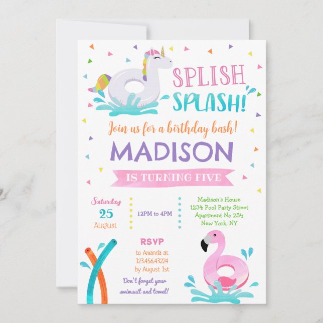 Pool Party Unicorn Summer Girl Birthday Invitation (Front)