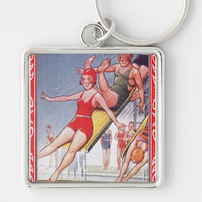 Pool Party Vintage Swimming Summer Key Ring (Front)