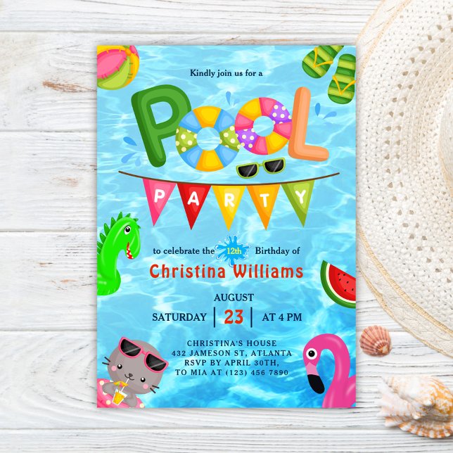 Pool Party Water Summer Birthday  Invitation (Pool Party Water Summer Birthday Invitation)