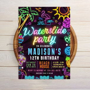 Pool Party Waterslide Glow Editable Invitation