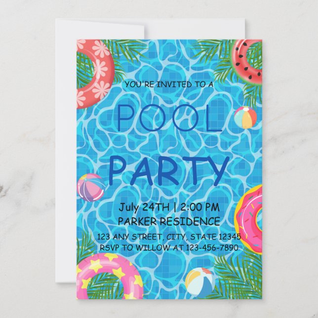 Pool Party with Colourful Beach Balls & Pool Rings Invitation (Front)