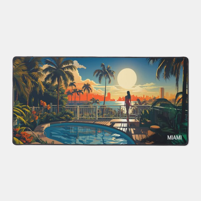 Pool patio at sunrise overlooking Miami Beach Desk Mat (Front)
