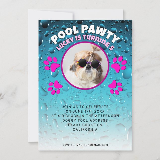 Pool pawty puppy dog custom photo birthday party invitation (Front)