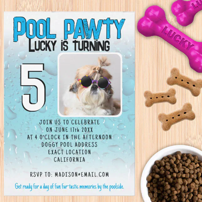 Pool pawty puppy dog custom photo birthday party invitation | Zazzle