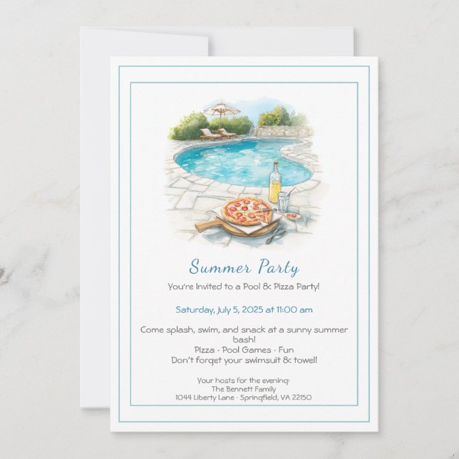 Pool & Pizza Summer Party Invitation  (Front)