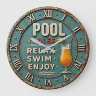 Pool Rules Swimming Decor Large Clock