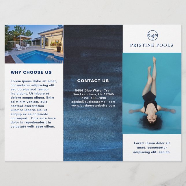 Pool Service Business Navy Blue Trifold Brochure (Front)