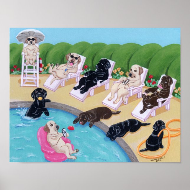 Pool Side Party Labradors Artwork Poster (Front)