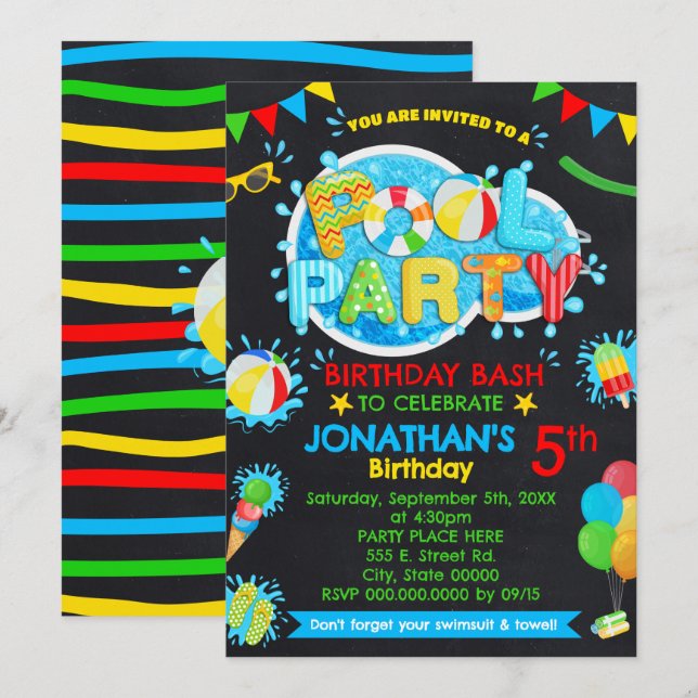 Pool Summer Birthday Bash Primary Colours Party Invitation (Front/Back)