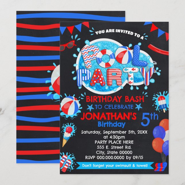 Pool Summer Birthday Bash Red White Blue Party Invitation (Front/Back)