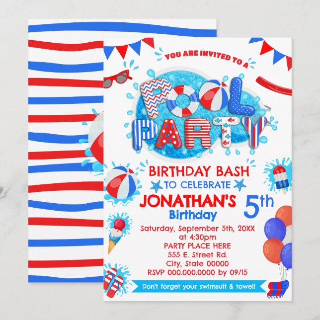 Pool Summer Birthday Party Red White Blue Invitation (Front/Back)