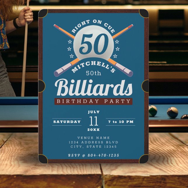 Pool Table Billiards 50th Birthday Party Blue Invitation (Pool Billiards 50th Birthday Party Blue Invitation
)