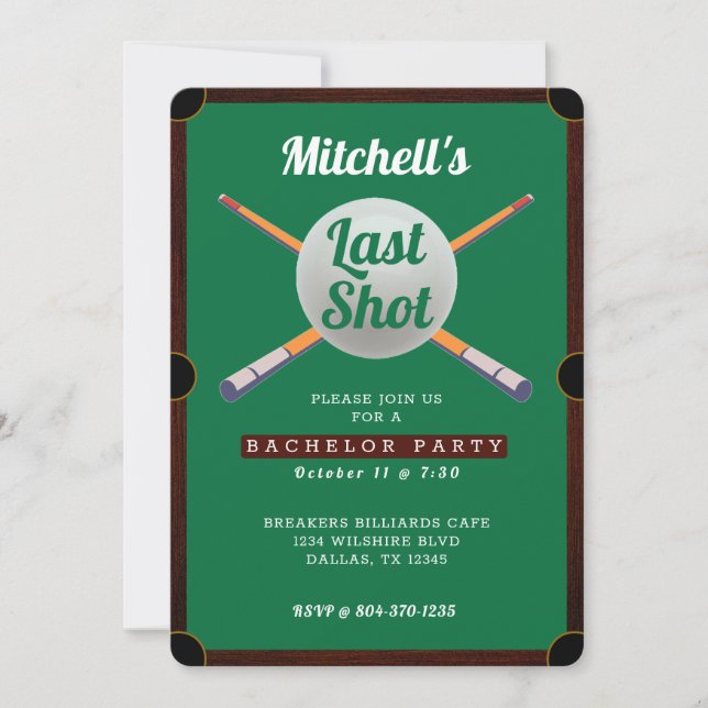 Pool Table Billiards Bachelor Party Invitation (Front)