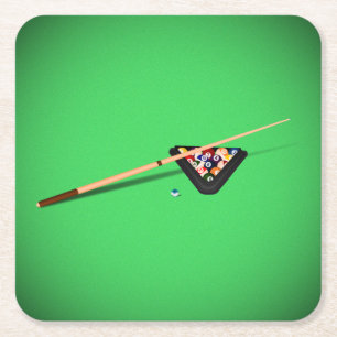 Pool Table Cue Stick and Balls Square Paper Coaster
