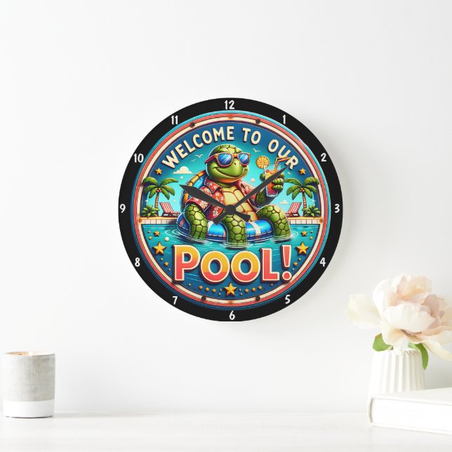 Pool-Themed Turtle Evoking Fun Relaxation Large Clock (Home)