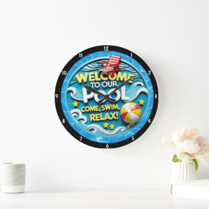 Pool-Themed With Relaxing Invitation Vibrant Colou Large Clock