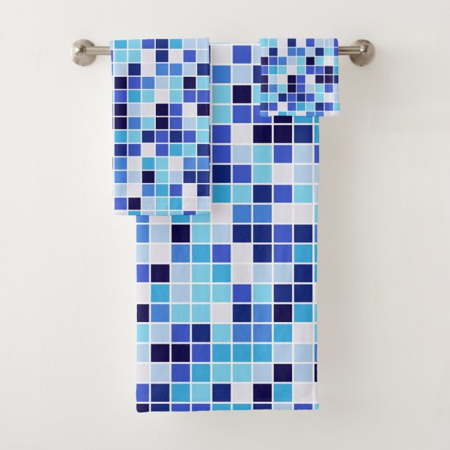 Pool Tiles, Blue Mosaic Tiles, Geometric Pattern Bath Towel Set (Insitu)