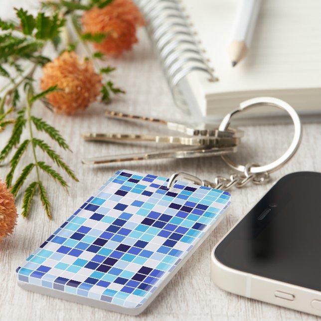Pool Tiles, Blue Mosaic Tiles, Geometric Pattern Key Ring (Front Right)