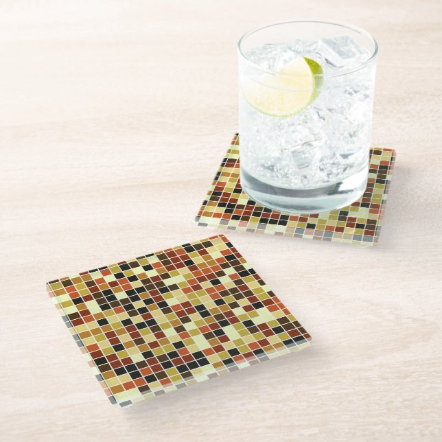 Pool Tiles, Brown Mosaic Tiles, Geometric Pattern Glass Coaster (Angled)